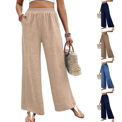 Ladies' Fashion Elastic Waist Casual Solid Color Texture Wide Leg Pants Low Waist Pants