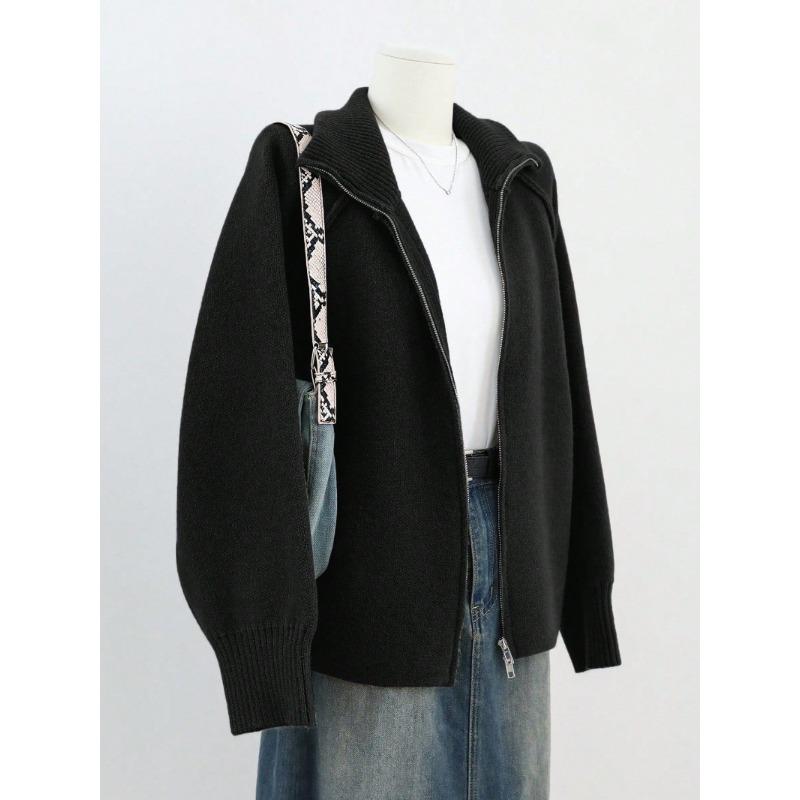 Sweater Jacket Ladies's Fall and Winter Solid Color Stand-up Collar Zipper Knitted Cardigan Top