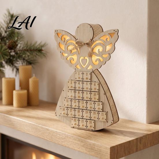 Advent Calendar for Candy Wooden Angel Christmas with 24 Storage Drawers Countdown Holiday to Tabletop Decoration Winter Party Favors LED Lighted