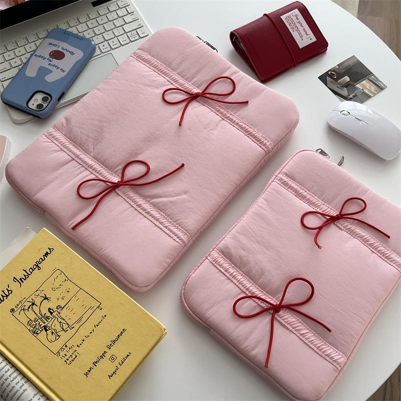 TS JYL laptop bag,Korean INS Bow Quilted Laptop Bag iPad Case Shockproof Sweet Girl