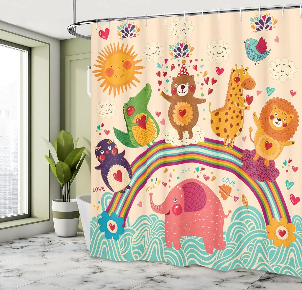 Cartoon Shower Curtain with Hooks – Happy Animals On Rainbow, Kids' Bathroom Decor with Bear, Lion & Crocodile