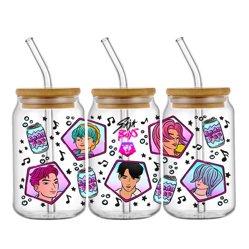

Мисливці на демонів Команда K-pop бой-бенд Самоклеювальні водостійкі наклейки-трансфери UV DTF для скляної банки Libbey 16 унцій