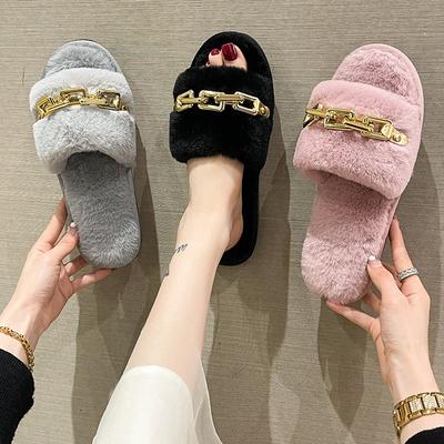Nouvelles Pantoufles en Coton Mode Chaîne Métallique Chaleur d'Intérieur Pantoufles en Peluche Femmes Confort Semelle Plate Chaussures Femmes 2024