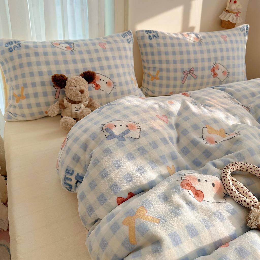 Cartoon Cute Double-Sided Fleece Thickened Milk Fleece Four-Piece Set, Student Dormitory Three-Piece Set, Bedding