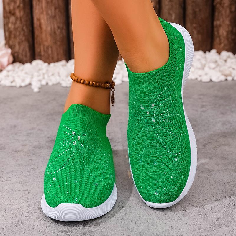 Fashion Crystal Butterfly Knitted Sneakers Women Breathable Slip On Casual Walking Shoes Woman Lightweight Soft Sole Green Sports Shoes