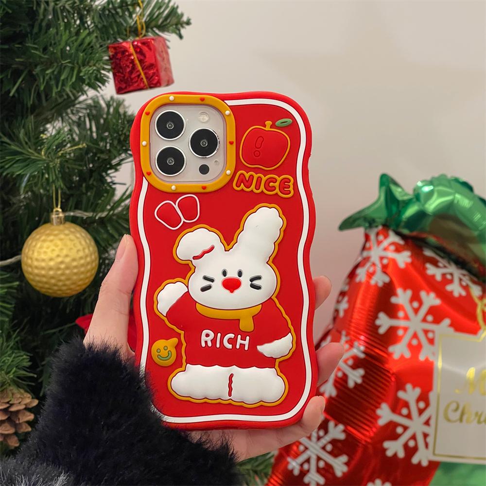 Ins Korean Cute New Year Rabbit Red Phone Case For Iphone 14 13 12 11 Pro Max Lovely Bunny Silicone Shockproof Soft Cover Funda