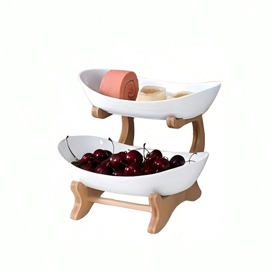 Luxury Wooden Elegant Fruit Stand - Double-Layer Fruit Bowl, Creative Candy Display - Natural Wood, Living Room Snack Tray Two-layer