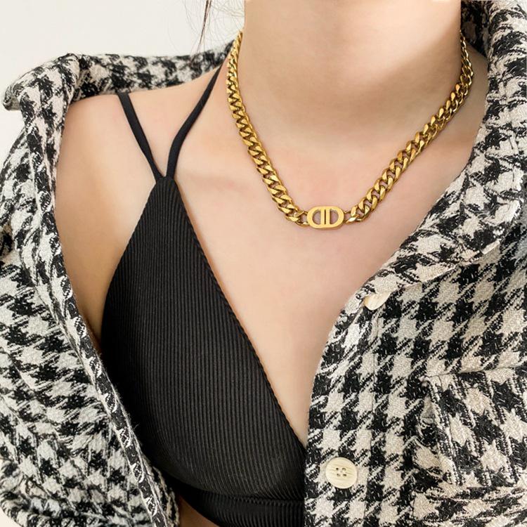 Gold Double D Titanium Steel Chain Necklace - Bold European & American Style for Women