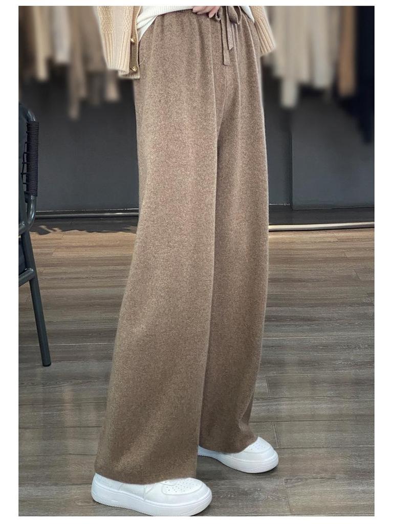 Women's 100% Pure Wool Wide Leg Knitted Pants - High Waist, Thickened, Casual, Long, Autumn/Winter Wear, Cashmere, Straight Leg.