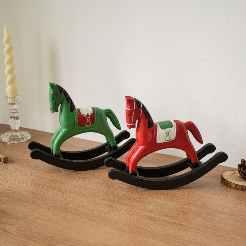 Wooden Rocking Horse Statues Decorative Animal Statue Sculptures Ornament for Office Home Table Centerpieces Gift