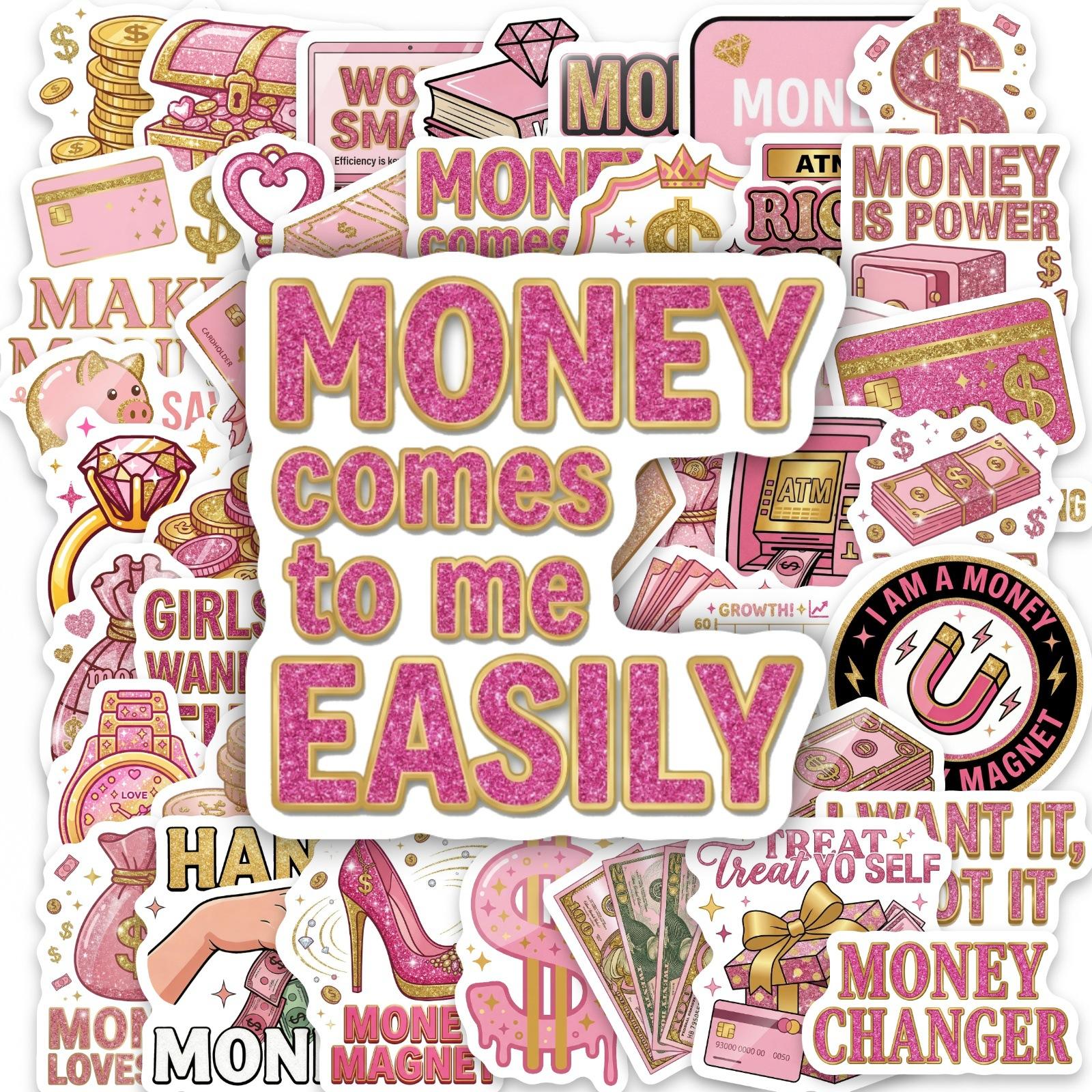 

50 Pink Gold Rich Woman Wind Money Theme Stickers, Make Money Inspirational Hand Account Materials, Water Cup Waterproof Decorative Stickers