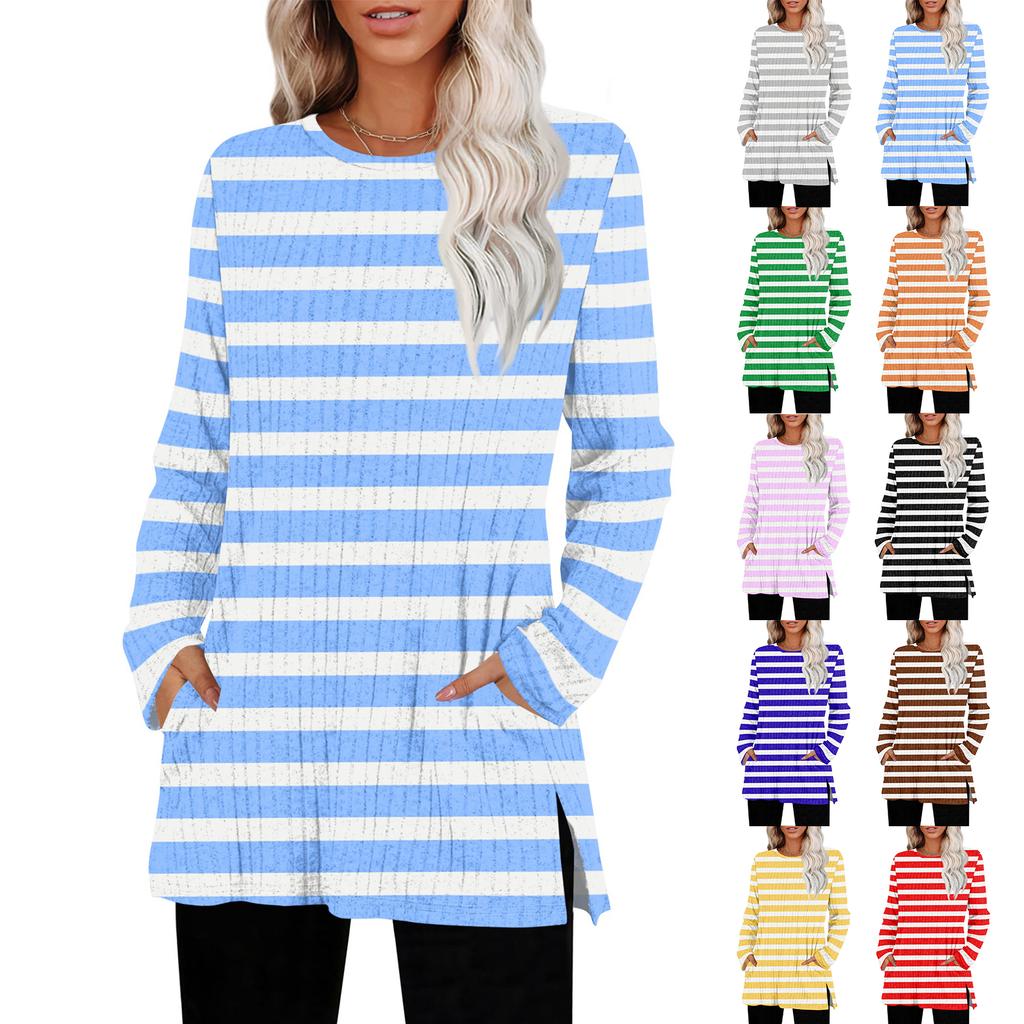 Women's Striped Printed Round-neck Long-sleeved Top With Pockets And Side Slits