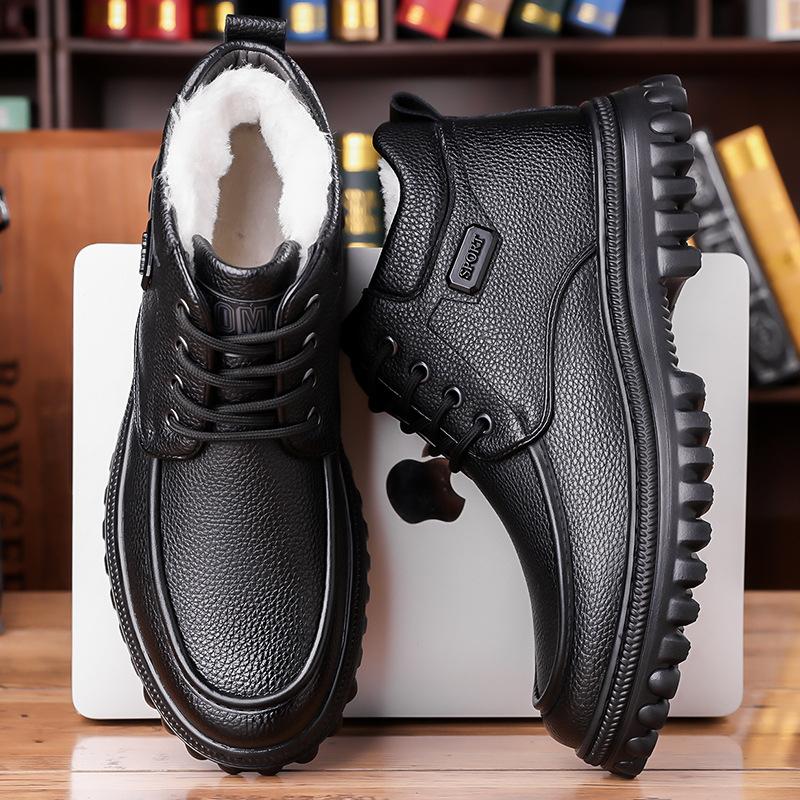 Winter New Men's High-top Shoes Leather Boots Men's Cotton Shoes Wool Velvet Warm Snow Boots Martin Boots Outdoor Leather Boots