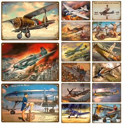 Panneau Métallique Avion Plaque de Maison Affiche Métallique Plaque en Étain Affiches Murales Décor de Pièce Esthétique Rétro Vintage Décoration Murale