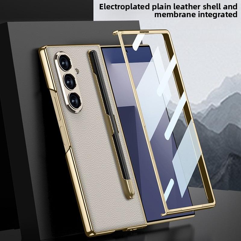Zijde PU Leer Gehard Beschermfolie Penhouder met Pen Telefoonhoesje voor Samsung Galaxy Z Fold 7 Fold7 Scharnier Beschermhoes