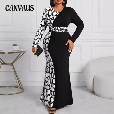 Women's Dress Fashion Printed Slim Long Dress Autumn V-Neck Color Collision Plus Size Dresses