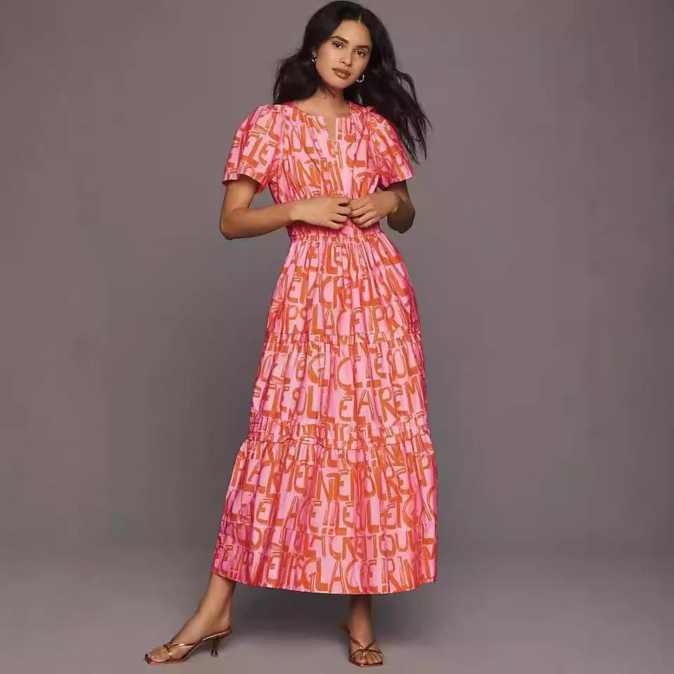 Popular Ladies Printed Dress Bubble Sleeves V-Neck Layered Folds Bohemian Long Dress Waist XS красный
