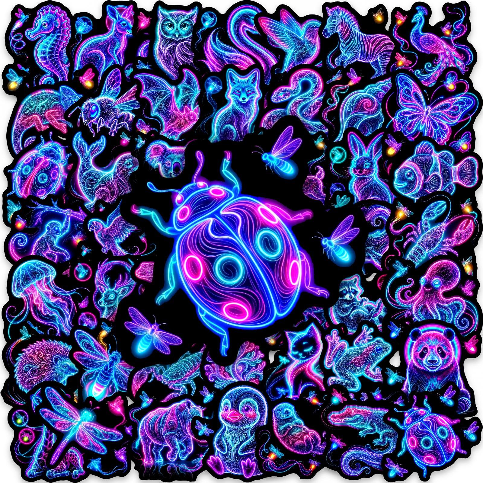 

50 Cool Neon Animal Stickers Blue Purple Gradual Change Luminous Creative Personality Handbook Diy Decorative Stickers