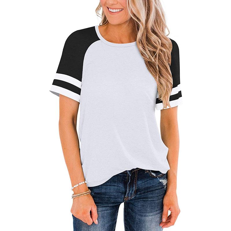Women's Summer Fashion Large Striped Round Neck Contrast Panel Short Sleeve T-shirt Top