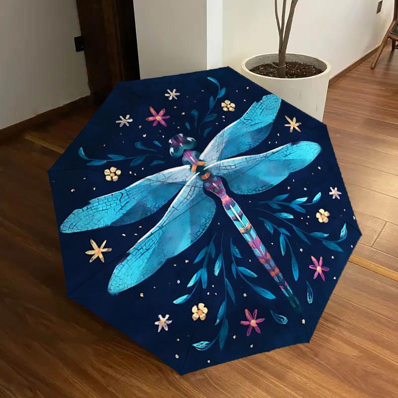 

Elegant Dragonfly Design Automatic Folding Umbrella with Floral Patterns - Portable 3-Fold Design, Iron Frame for Outdoor Use, Perfect Gift