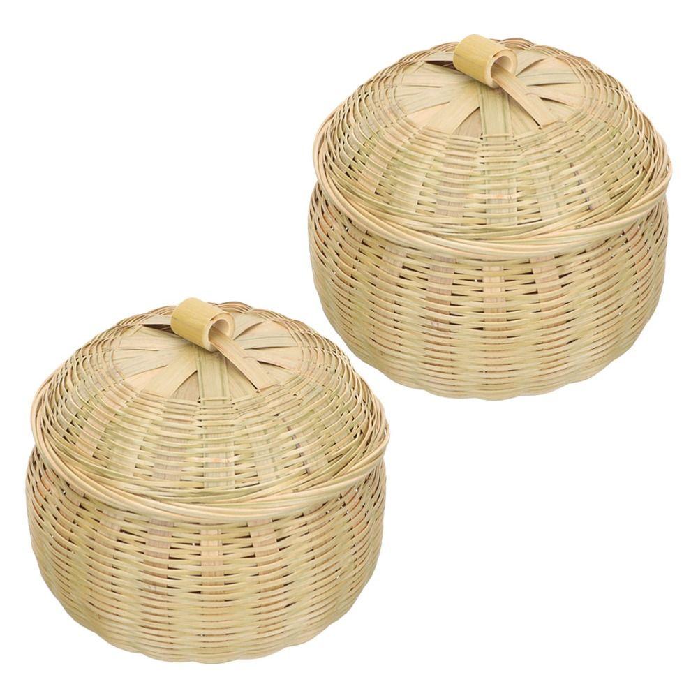 Vegetable Food Hand Woven Storage Basket Durable Wicker Tray Multi-Purpose Storage Box with Lid Home Organizer Round