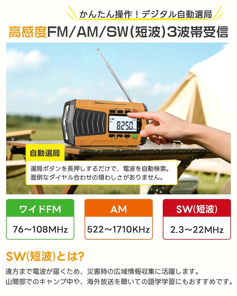 [Disaster Prevention Officer Recommended/Evolved Model] Greeshow Disaster Prevention Radio Digital Channel Selection 5000mAh Large Capacity