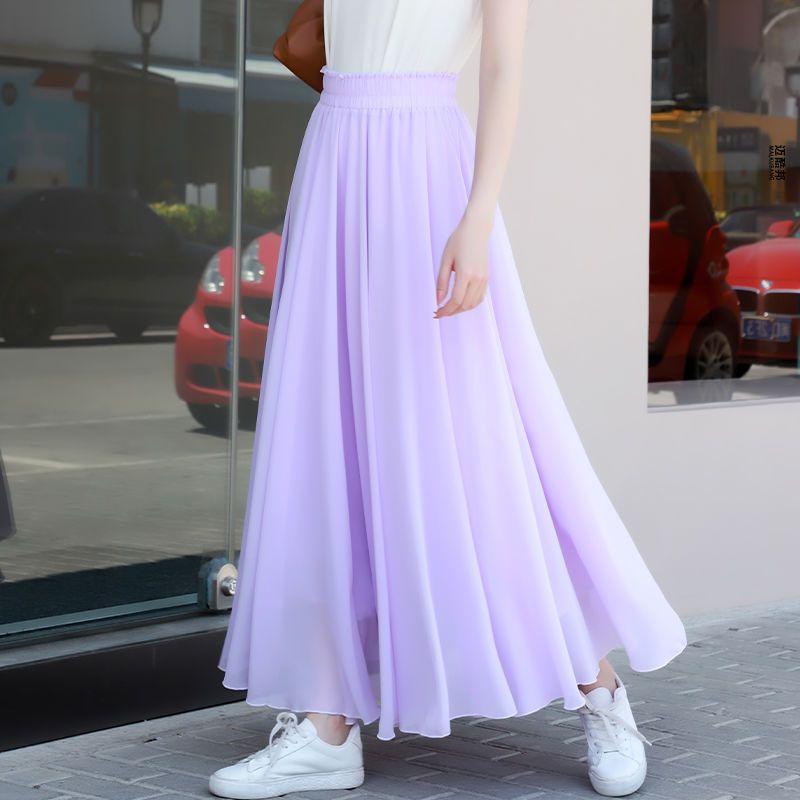Black Chiffon Midi Skirt Long Summer Candy Color Flowy Elegant Women Skirt