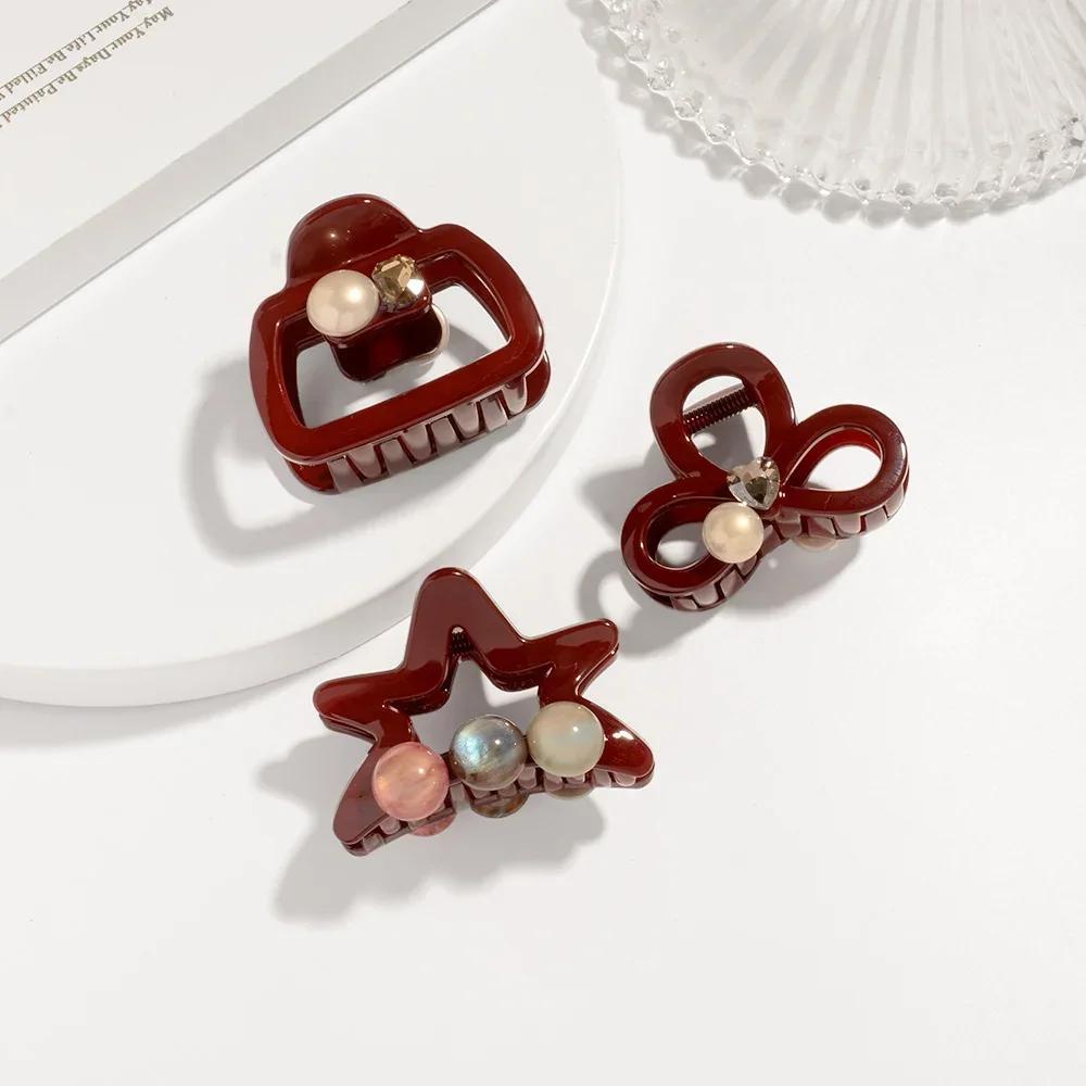 Elegant Crystal Pearl Medium Size Thick Thin Women's Hair Claw Clip Accessories Korean Star Red Black Catch Clamp Girls Headwear