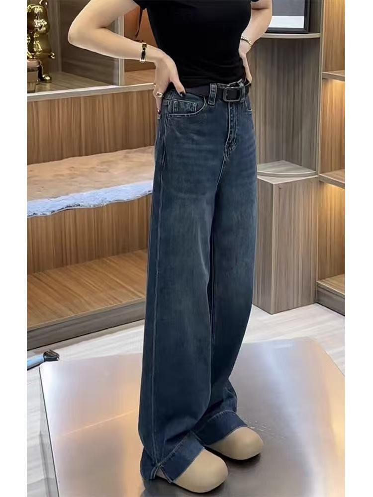 Women's Retro Blue High-Waisted Wide-Leg Jeans: Plus Size, Slimming, Versatile Straight-Leg, Autumn Style