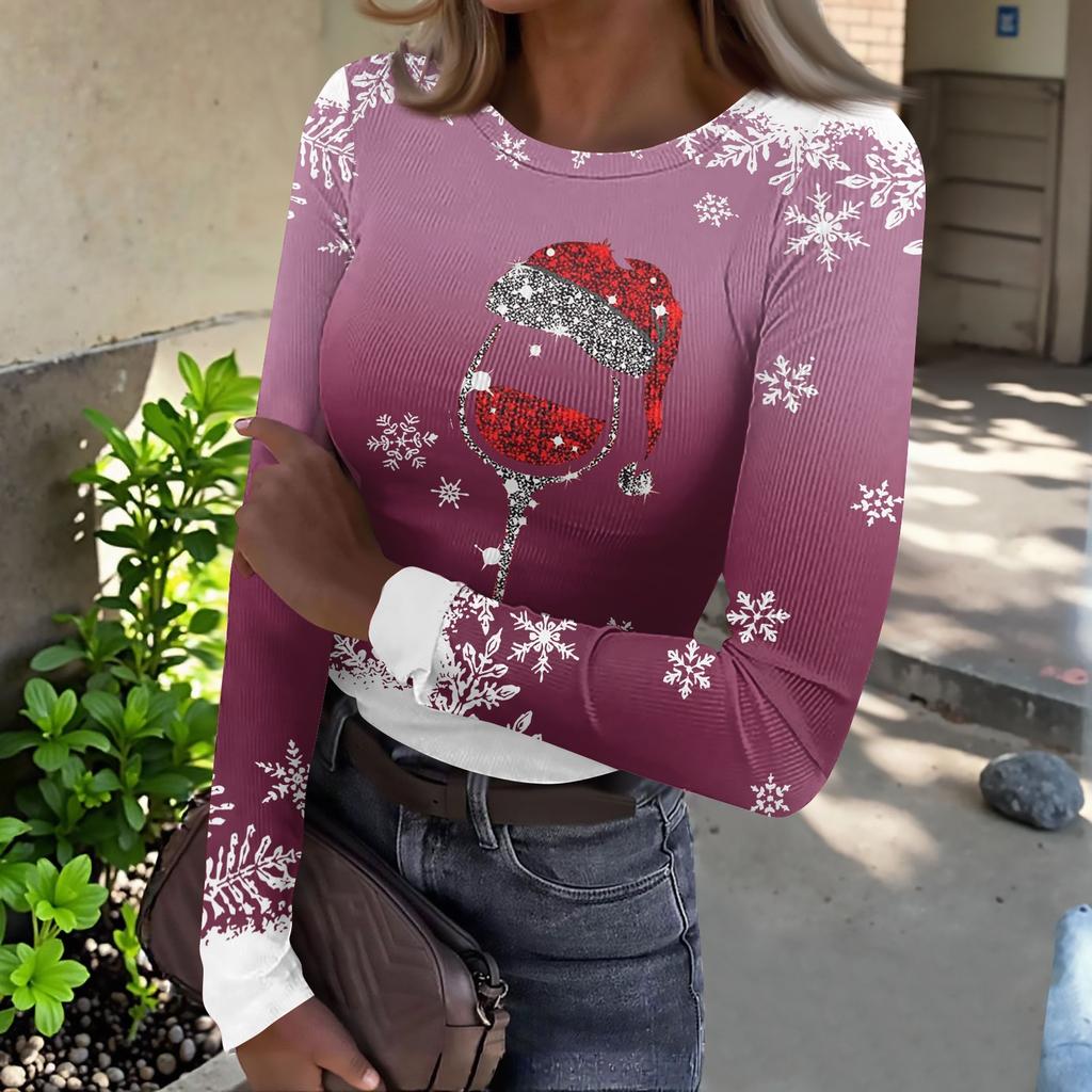 Women's Slim Fit Long Sleeve T-Shirt with Christmas Print Neck Pullover Top