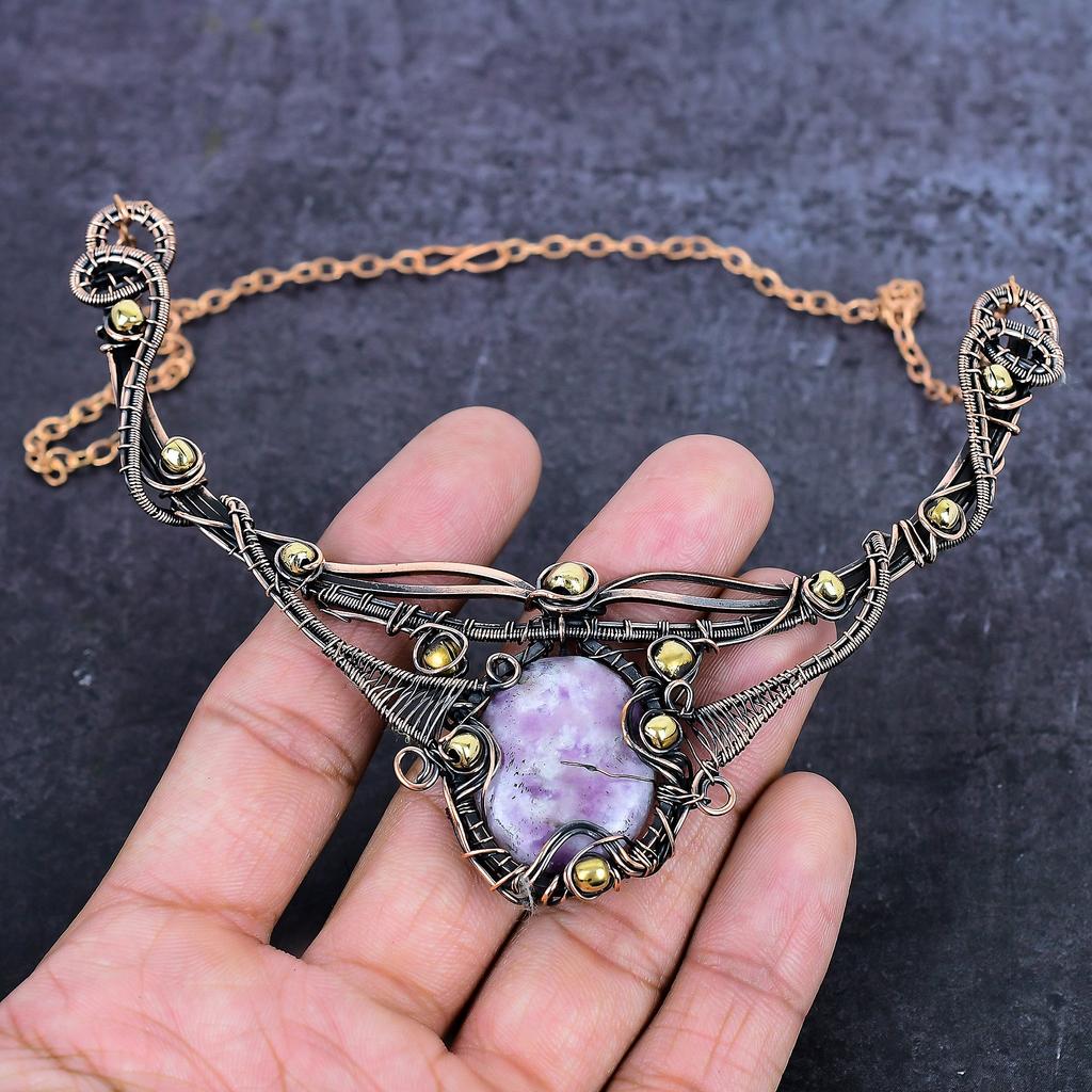 Lepidolite Gemstone Handmade Copper Wire Wrap Jewelry Necklace 18" ET-4955