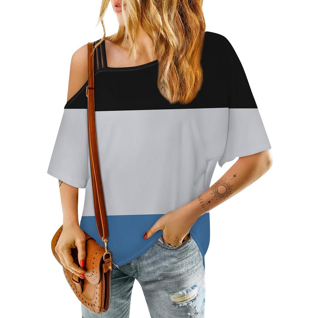 Damenmode One-Shoulder Color Block Sexy Mittelärmeliges Casual T-Shirt