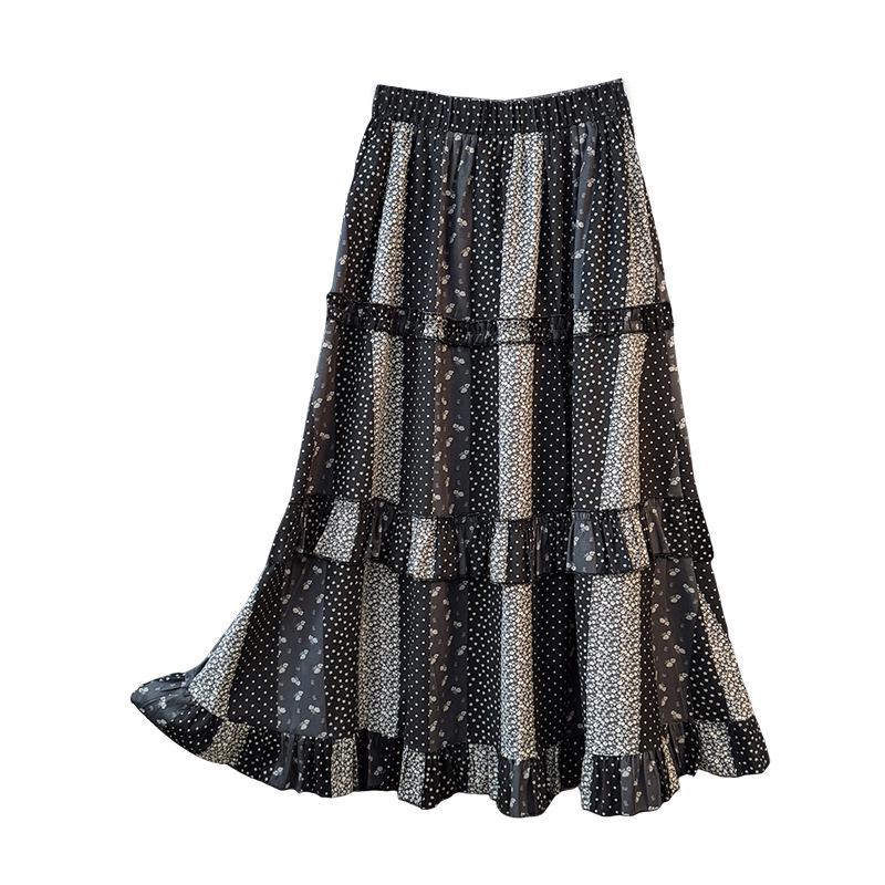 Women's Autumn 2025 Floral Patchwork Ruffle A-line High-Waisted Skirt