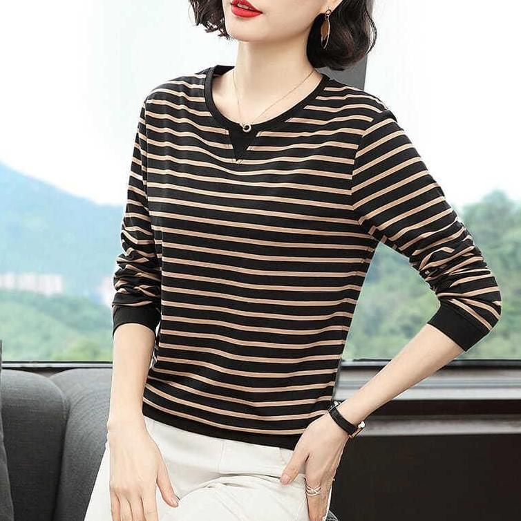 WTEMPO Dámský jarní pruhovaný svetr s dlouhým rukávem, velká velikost, dámský volný bavlněný kulatý výstřih, ležérní topy, velká velikost