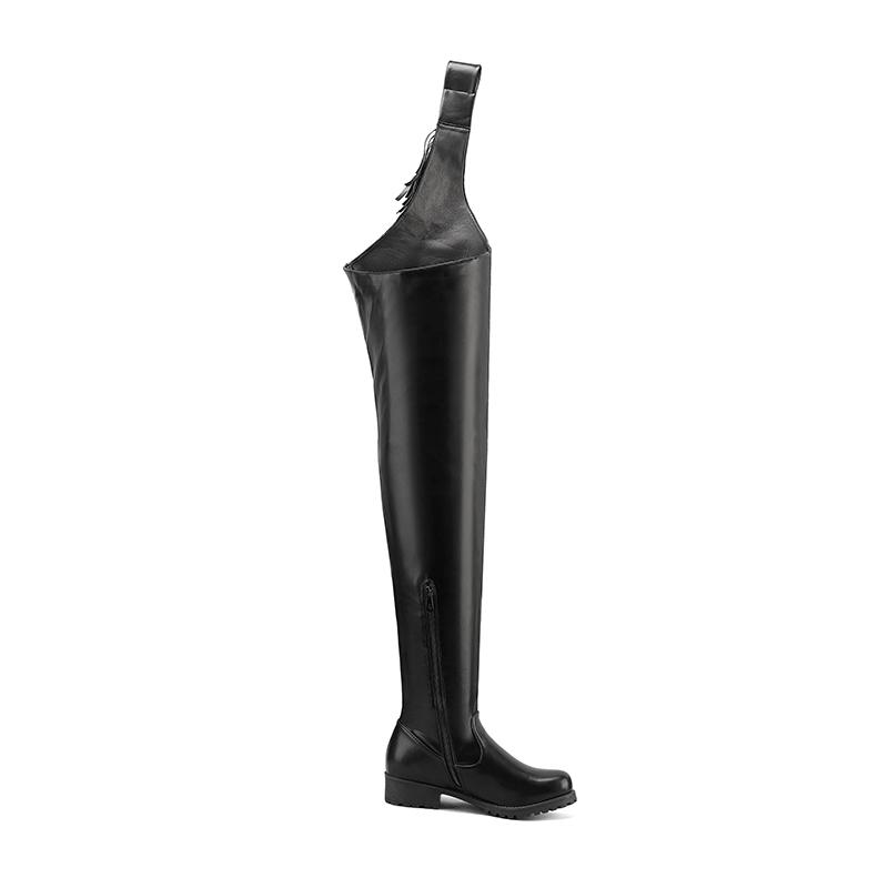 Stivali da donna in pelle PU sopra il ginocchio con tacco medio spesso, punta rotonda, alti fino alla coscia, lunghi e moderni, con cintura in vita elasticizzata