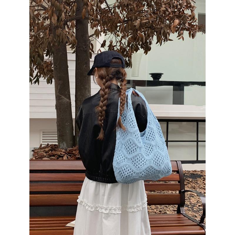 Polyester Knit Shoulder Bag for Women Diamond Hollow Out Woven Tote Purse Soft Handbag Casual Daily Commute Bag KTB