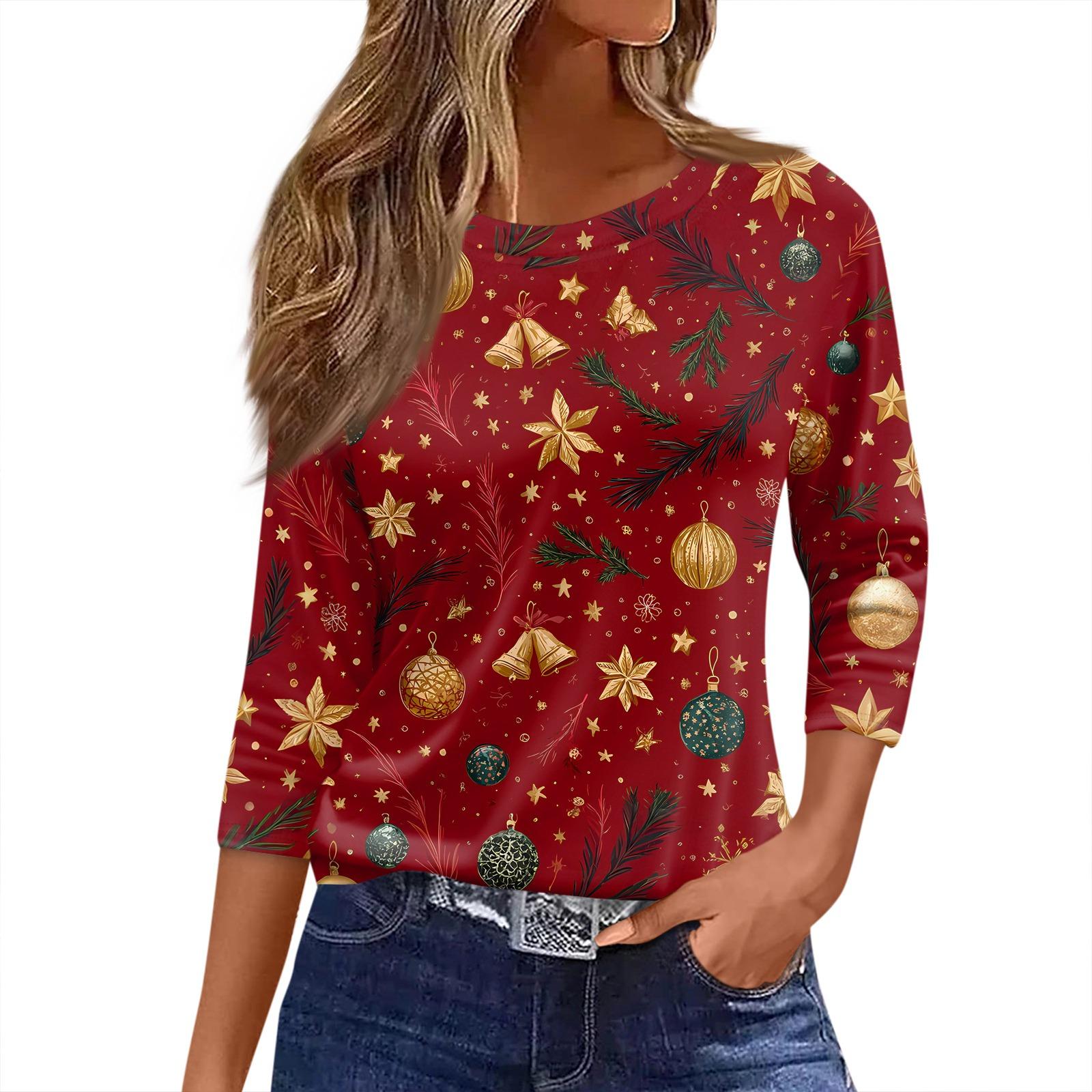 

Женская футболка с рождественским принтом, рукав 3/4, повседневная, модная, на выходные, базовая, с круглым вырезом, стандартный топ XL винный