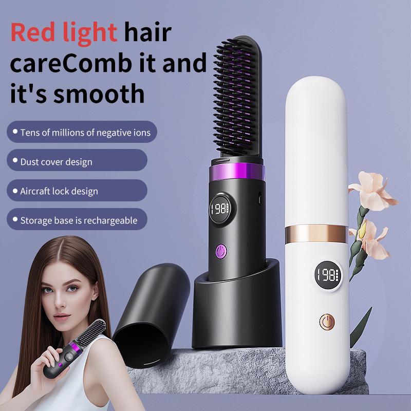Portable Ionic Wireless Straightening & Curling Comb - Hair-Friendly Fluffy Styler Gray without Base