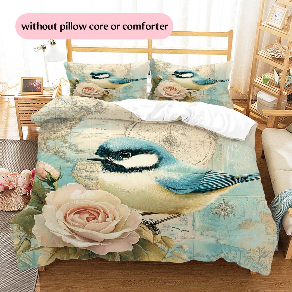 Map Flower Bird Pattern Bedding Quilt Set  Home Decoration  Gift (1 * duvet cover + 2 * pillowcase  without core)