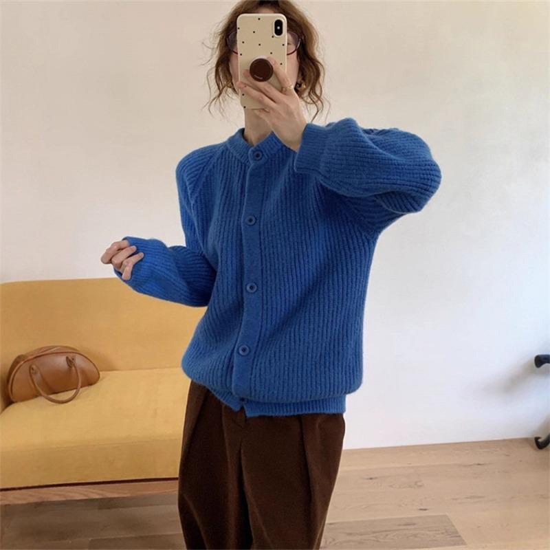 Lazy Wind Thick Needle Crew Neck Sweater Jacket Women's Autumn and Winter New Loose Thickened Soft Waxy Knitted Cardigan Top
