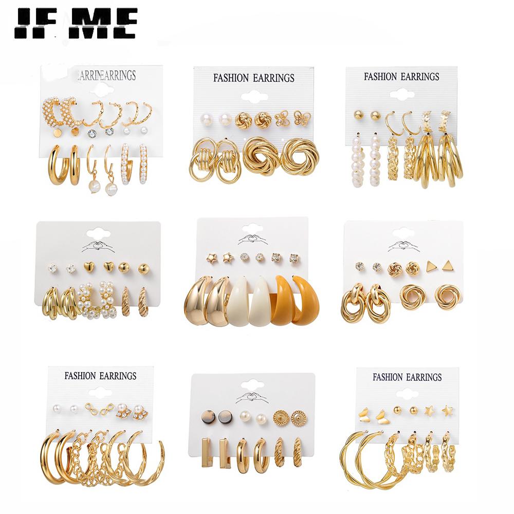 IF ME Korean Butterfly Pearl Stud Earrings Set Fashion Geometry Zircon Hoop Earring Women Jewelry Accessories
