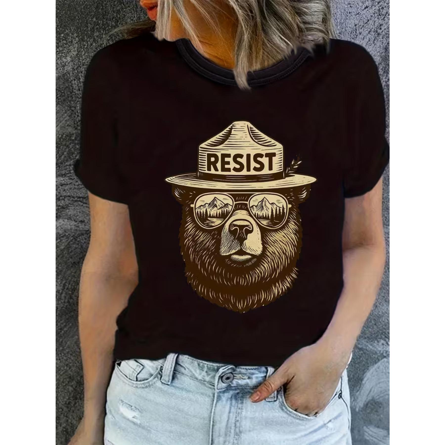 

Женская повседневная модная футболка с принтом Smokey Bear и надписью RESIST - Черная, с коротким рукавом, с круглым вырезом S