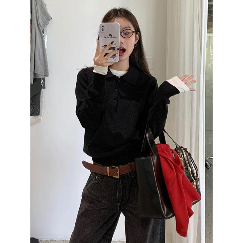 College style gray Plo neck sweater women's season new design sense loose wear knitted sweater top