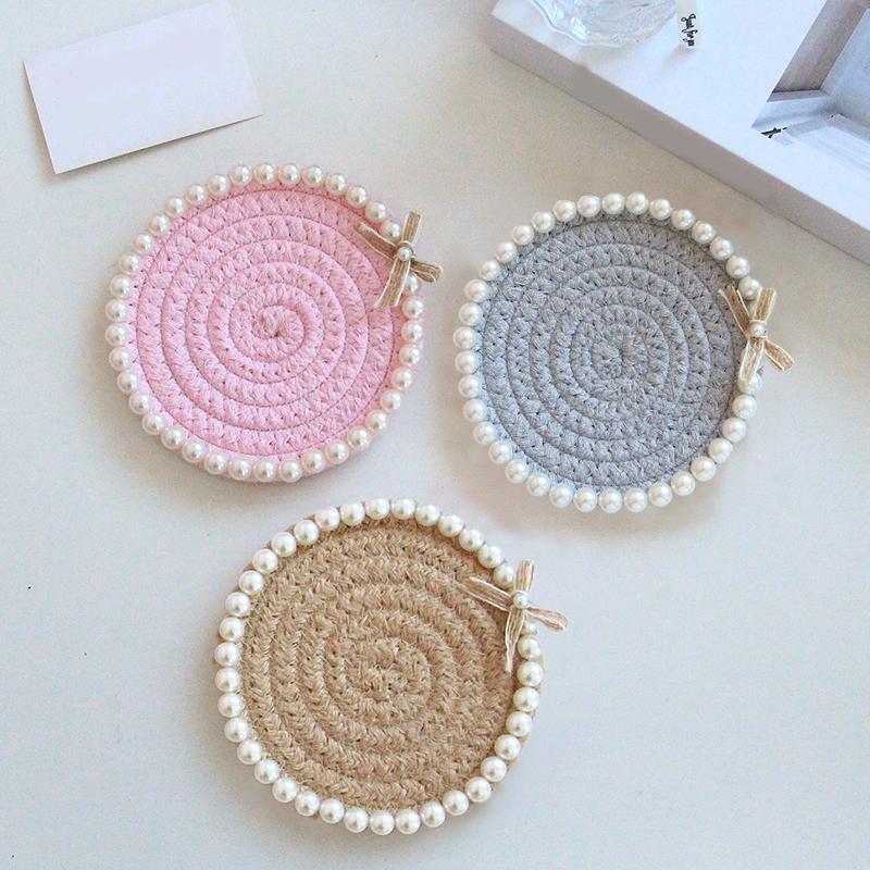 12cm*12cm Bowknot Chic Multiple Colors Ornament Pearl Handmade Cotton Rope Creative Coffee Cup Pad Home Table Decor Accessories