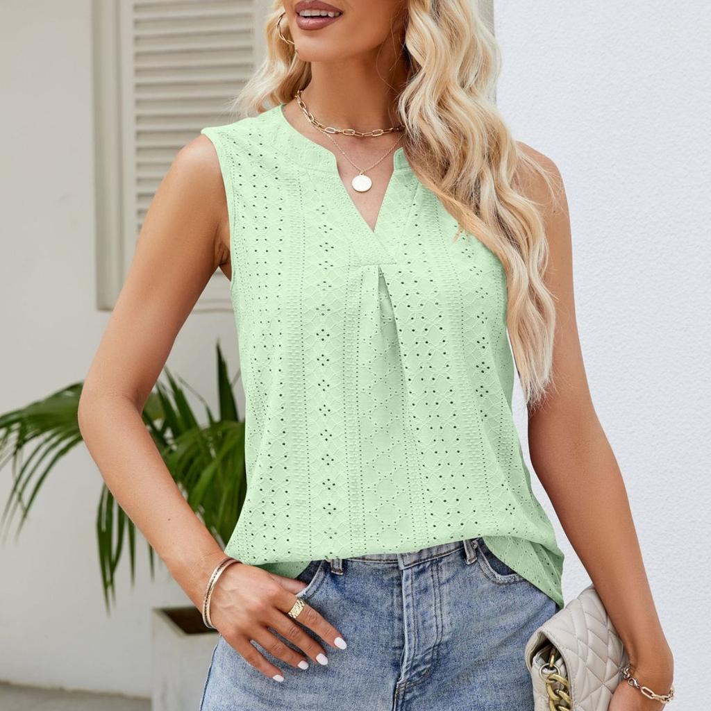 GMXIA Damenmode, lässig, Sommer, einfarbig, bedruckt, Weste, Löcher, ausgehöhlt, ärmellos, V-Ausschnitt, lose Blusen und Hemden