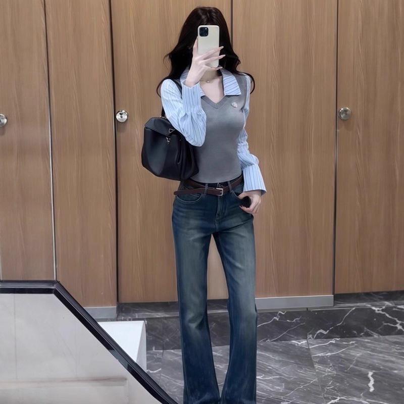 Striped Faux Two-Piece Patchwork Long-Sleeve Slim-Fit Women s Autumn Top XL серый