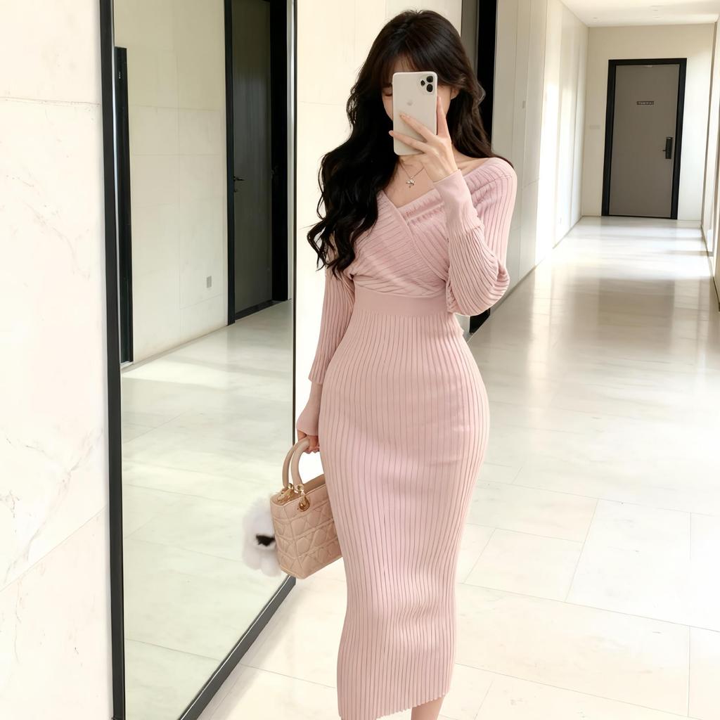 S Family French Pink V-Neck Knit Dress - Autumn/Winter Waist-Cinching, Elegant Coat Style