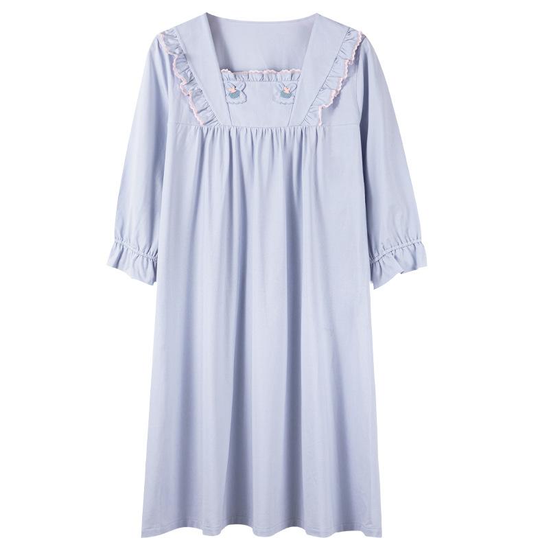 Lycra Cotton Nightdress Women'S Spring Summer Pure Cotton Nine-Quarter Sleeve Thin Sweet Princess Court Style Loose Large Size Pajama Dress