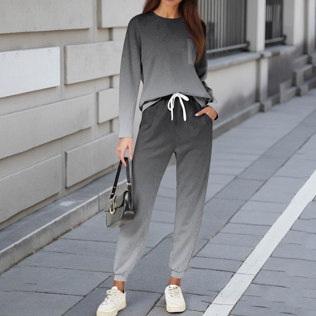 Sets für Damen 2-teilig Rundhals Langarmshirts Bedruckte Jogginghosen Taschensets