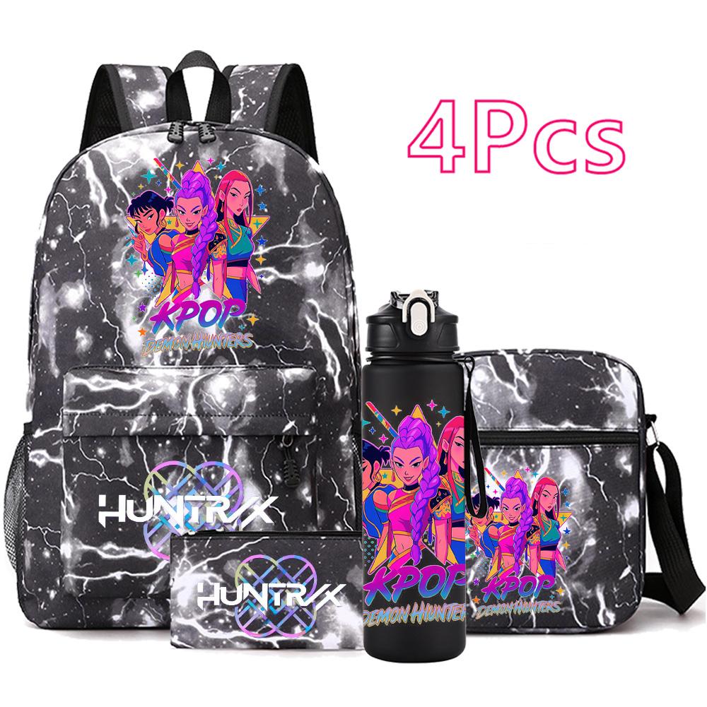4Pcs/set Anime Cute KPop Printed Backpack with 750Ml Water Bottler for Teenager Student Girl Boy Bookbag Kid Gift Large Capacity Waterproof Travel Bag
